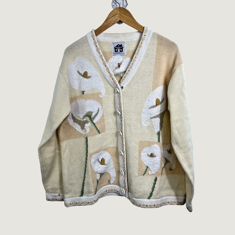 Storybook Knits Cardigan L Cream Calla Lily Floral Button Up Vintage HSN Novelty